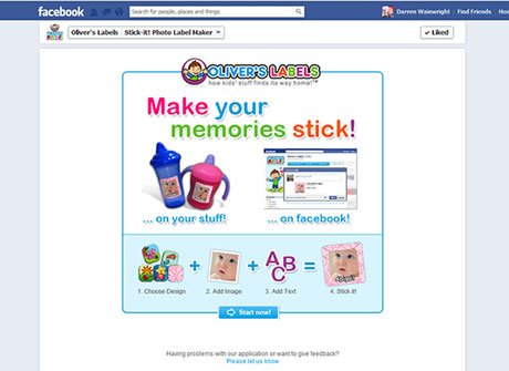 Stick-it! Photo label maker splash page within Facebook