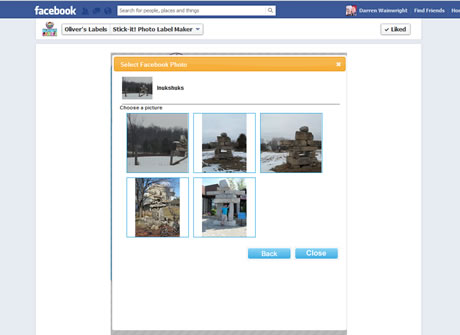 The user can select photos from their computer or Facebook; this is the Facebook photo picker.